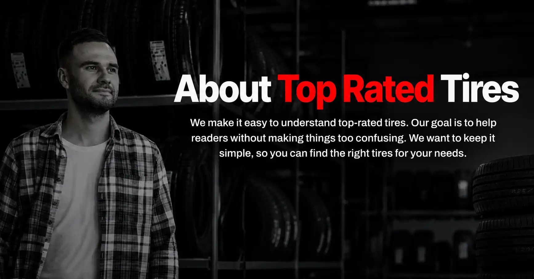 About Top Rated Tires banner with tire warehouse background