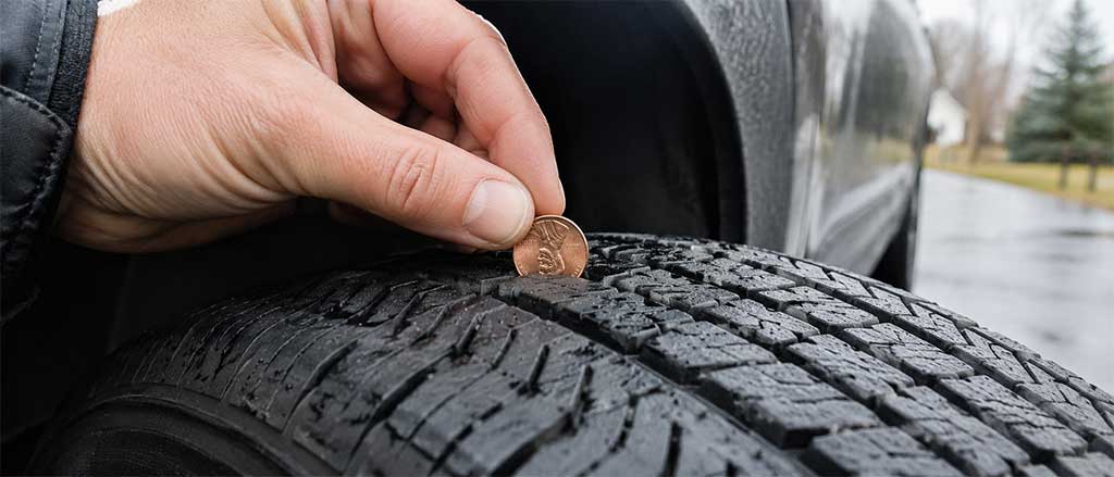 checking tire tread depth with penny