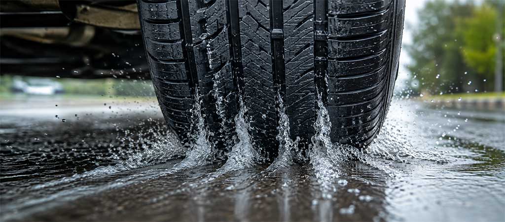 Tire tread grooves moving water away in rain while driving
