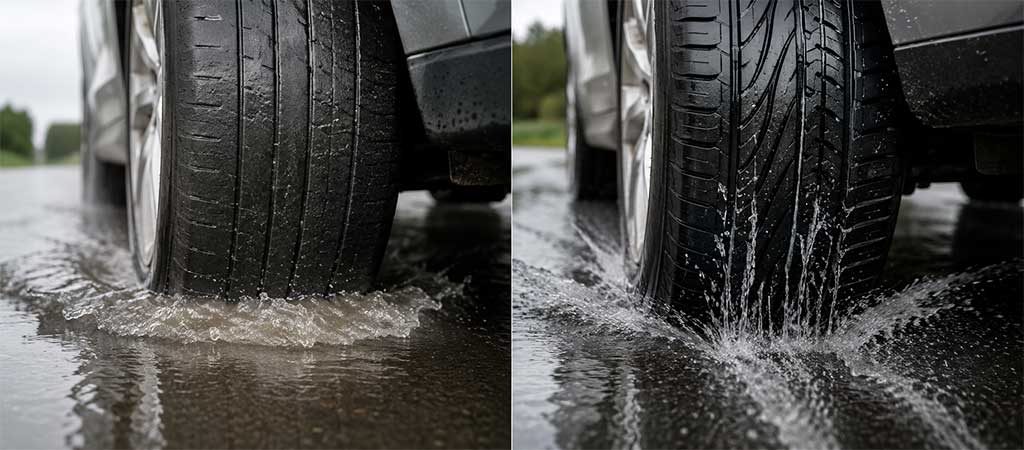 Worn tire vs new-tire hydroplaning risk in rain