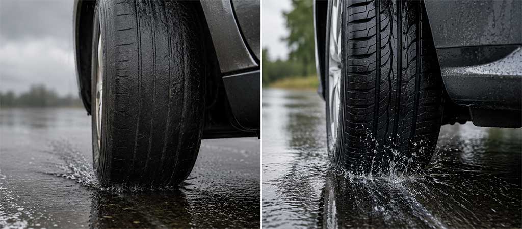 Worn vs new tire comparison on wet road